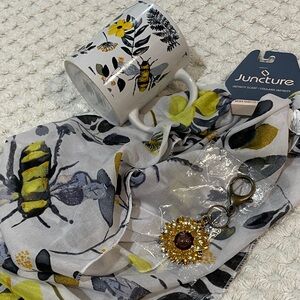 3pc Bee-Themed Set Coffee Mug Infinity Scarf Sunflower Bag Charm
